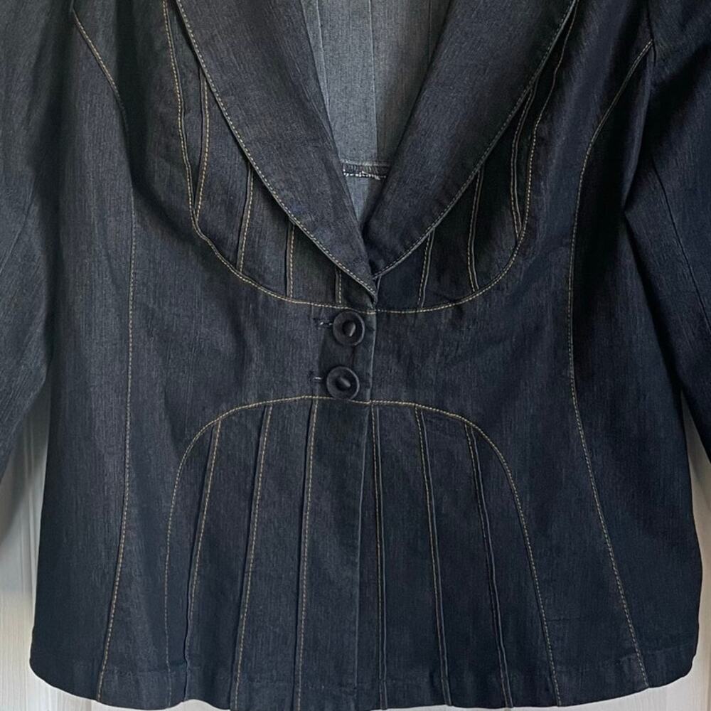 Bisou Bisou Blue Denim Blazer Jacket Sz L Contrast Stitching Pintucks Stretch - Picture 4 of 10